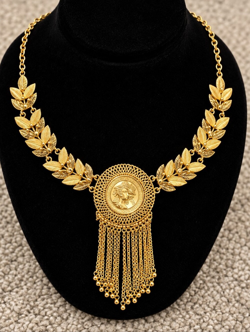 22kgp Dubai Jewelry Gold Leaf Tassel Statement Necklace